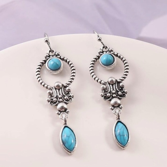 Any 4/$25! Antiqued Silver Turquoise Boho Drop Earrings - Picture 2 of 6
